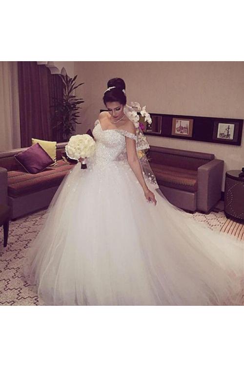 Off-the-shoulder Ball Gown Tulle Long Wedding Dress with Beading and Hand Made Flowers