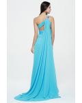 Sleeveless One Shoulder Split Long Blue Chiffon Simple Junior Prom Dress 