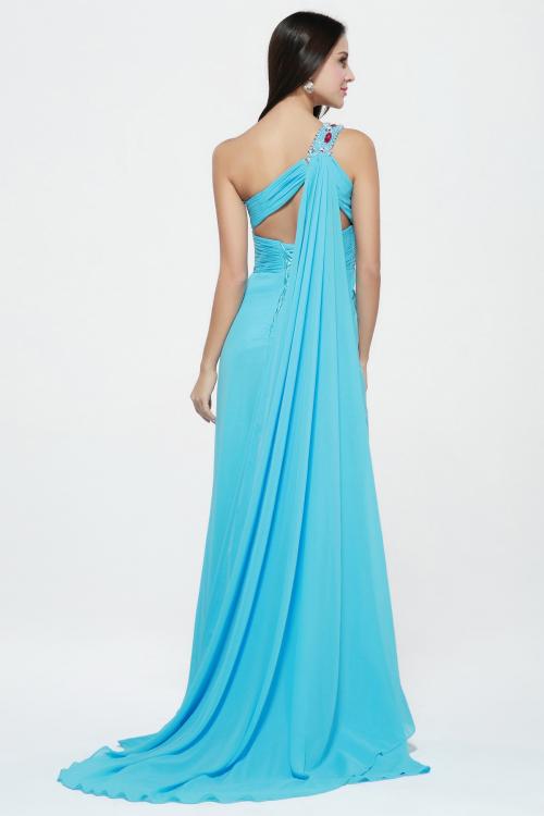 Sleeveless One Shoulder Split Long Blue Chiffon Simple Junior Prom Dress 