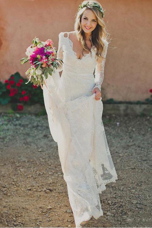 Vintage Boho Long Sleeve Lace Pattern Wedding Dress with Ribbon 