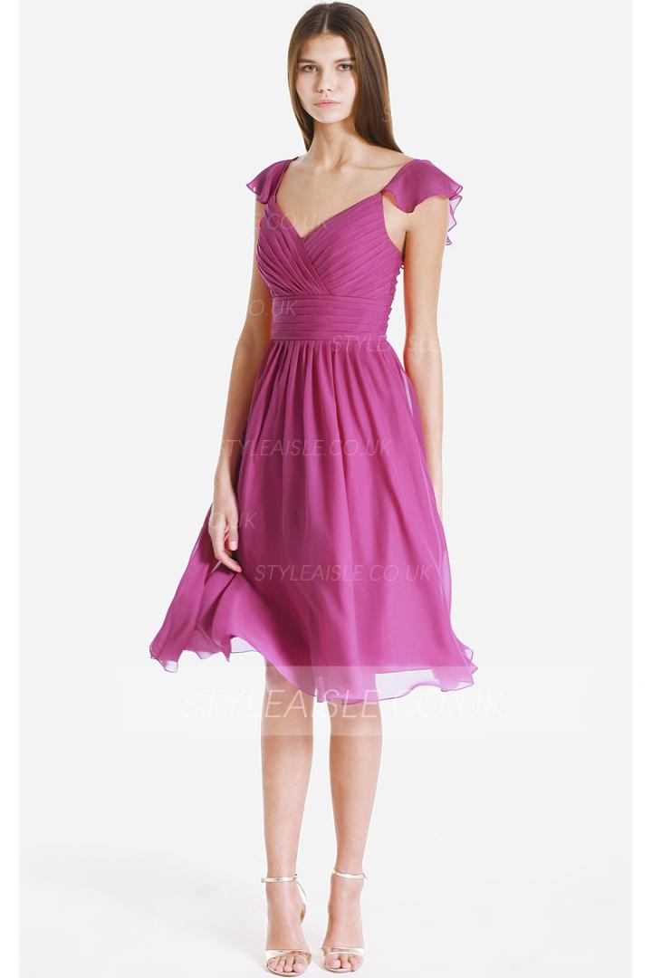 Cap Sleeves Zipper V-neck Knee-length Chiffon Bridesmaid Dresses