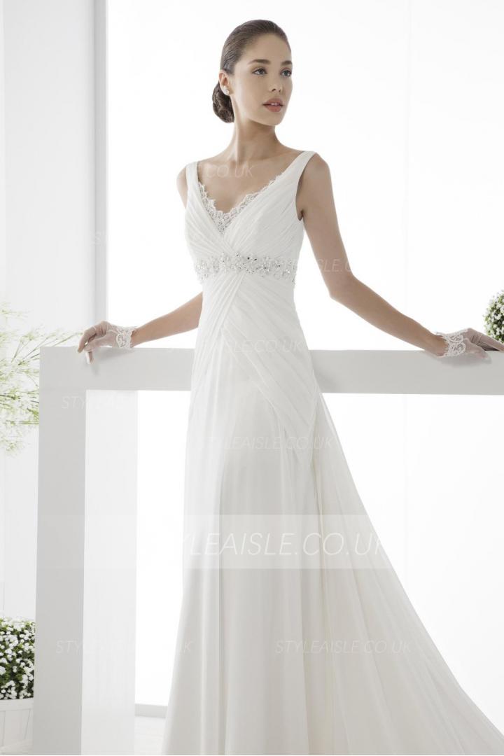 Simple Sheath/Column Straps V-neck Beading&Crystal Lace Ruching Sweep/Brush Train Chiffon Wedding Dresses 