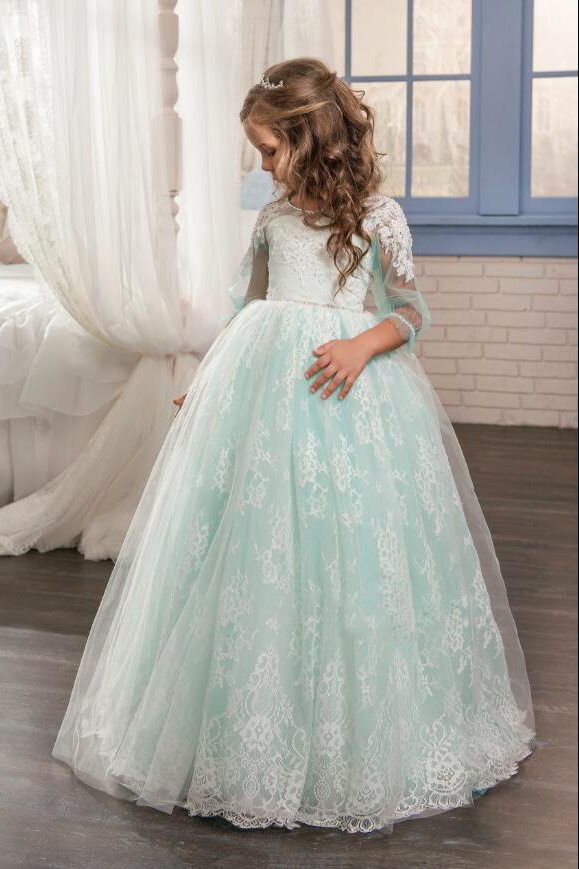 Princess Jewel Long Sleeve Lace ocverlay Tulle Mnt Flower Girl Dresses