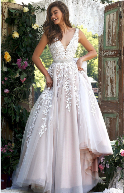 Fancy Sleeveless V Neck Ivory Lace overlay Nude Tulle Long Coast Prom Dress wityh Crystal Ribbon