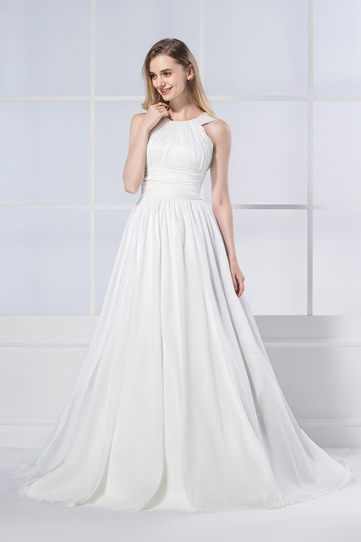 Simple Vintage Shoulder Straps Pleated Long Taffeta Wedding Dress