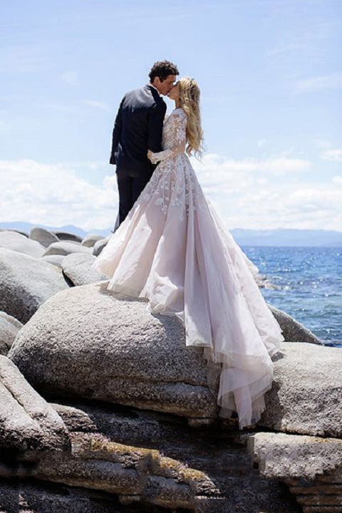 Pale Pink Color Long Sleeves Floral Lace overlay Tulle Beach Wedding Dress