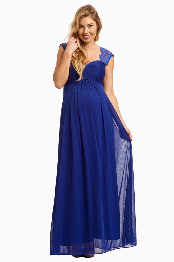 Hot Sale Queen Anne Neck Sleeveless Lace Hand Ruching Tea-length Long Chiffon Maternity Dresses
