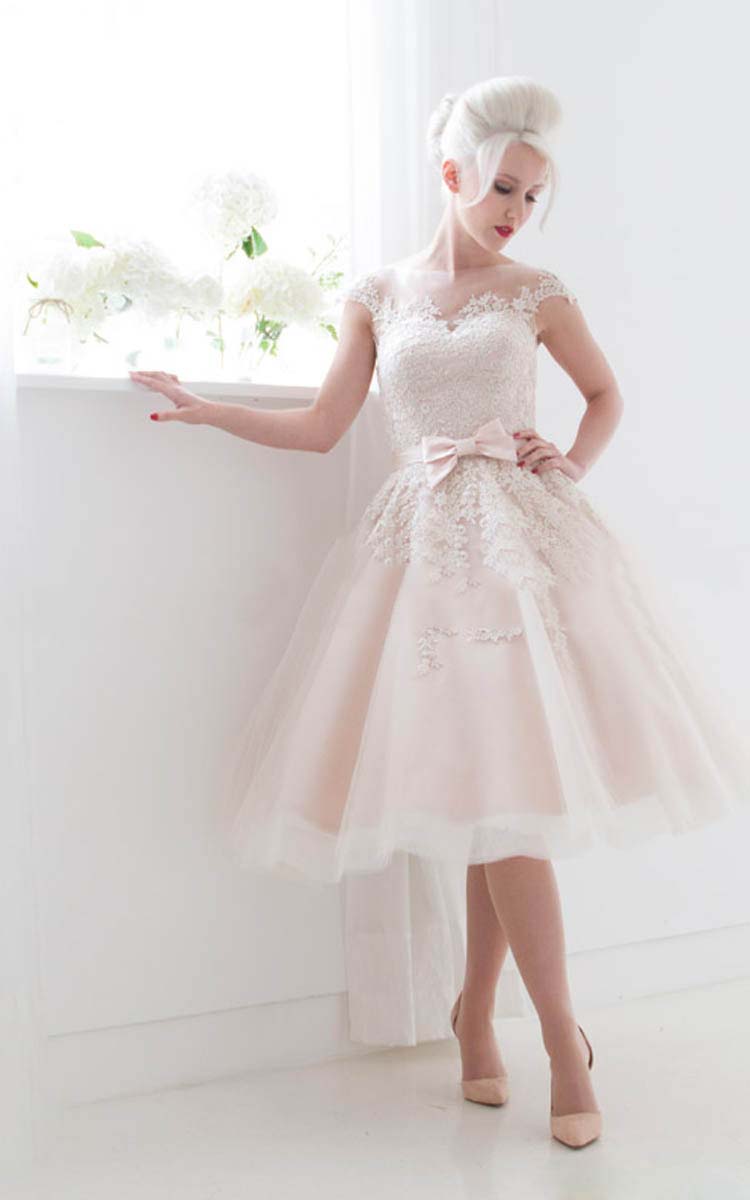Charming Illusion Neck Cap Sleeved Ball Gown Blush Pink Tulle Wedding Dress