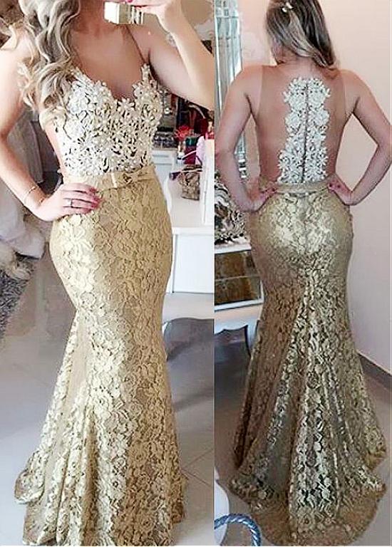 Mermaid Illusion Neck Sleeveless Bow(s) Floor-length Prom Dress