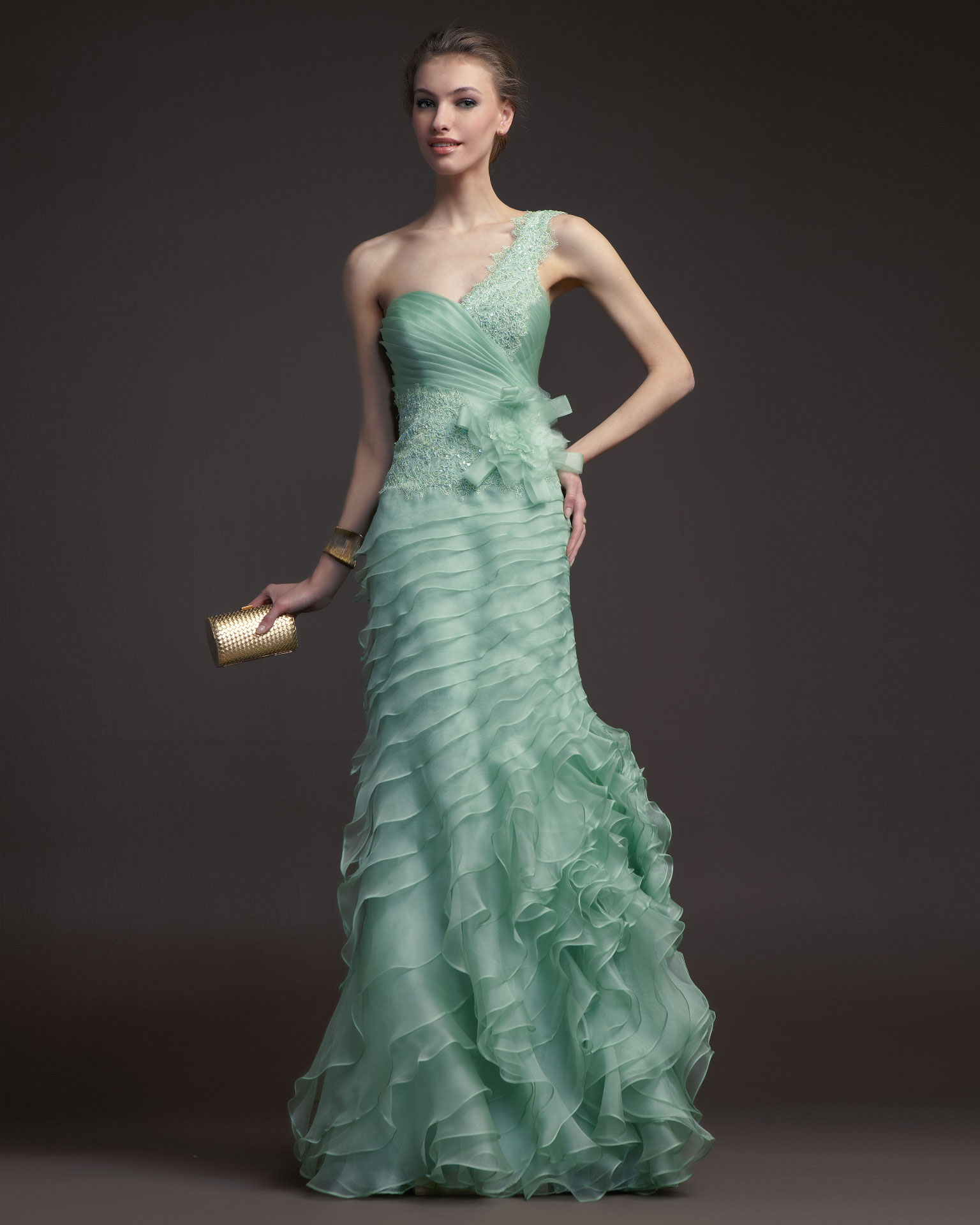 Charming Sheath/Column One Shoulder Cascading Ruffles Lace Sequins Floor-length Satin Organza Prom Dresses