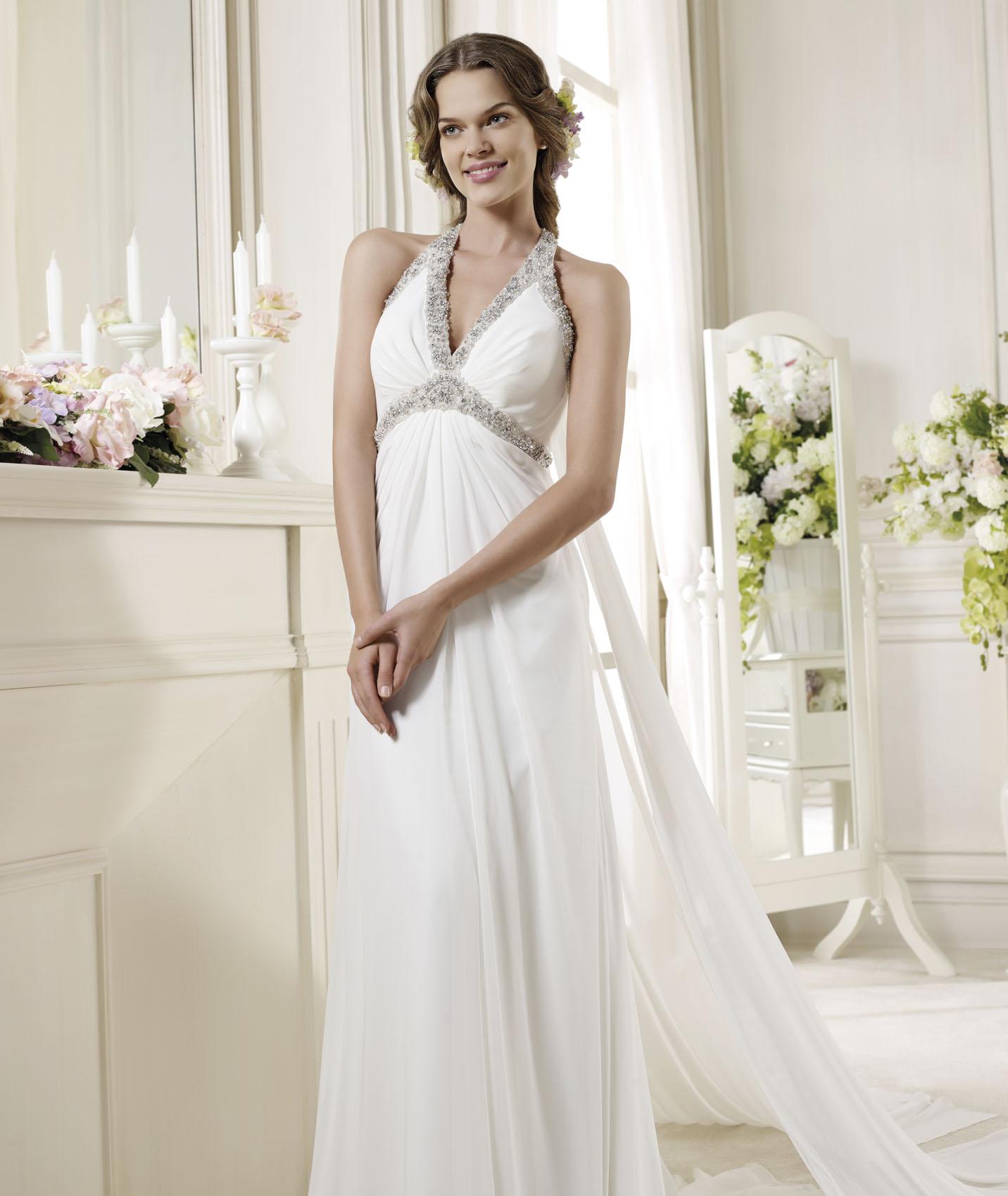 Charming Sheath/Column Halter Beading&Crystal Sweep/Brush Train Chiffon Wedding Dresses