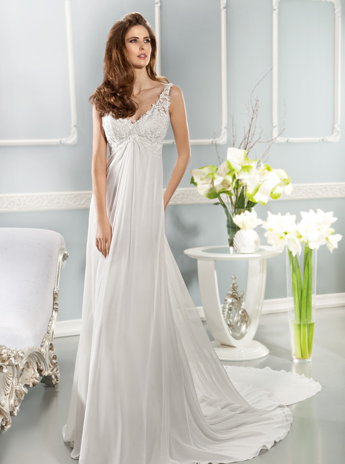 Charming Sheath/Column Straps V-neck Lace Sweep/Brush Train Chiffon Wedding Dresses