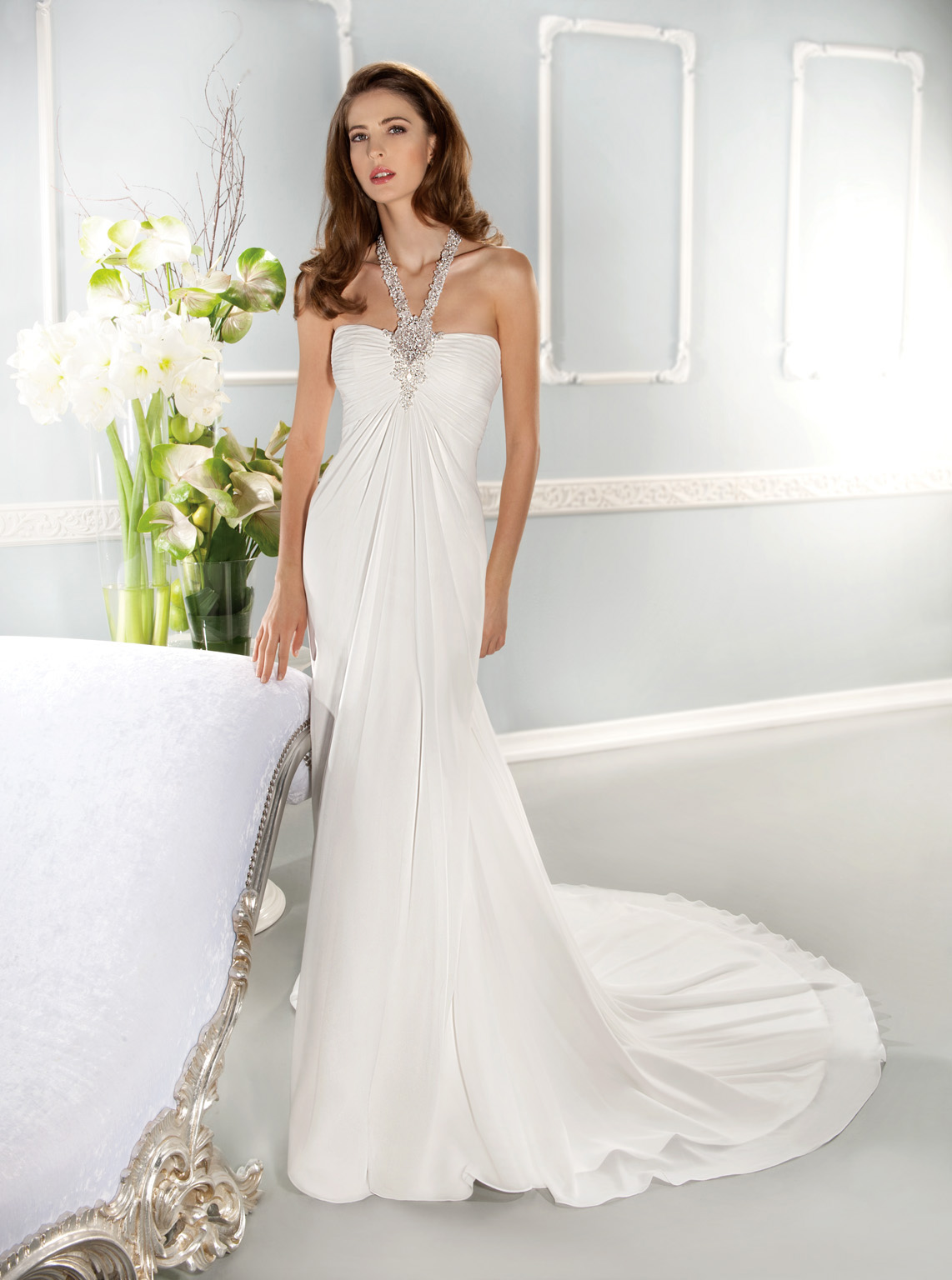 Charming Sheath/Column Halter Beading Sweep/Brush Train Chiffon Wedding Dresses